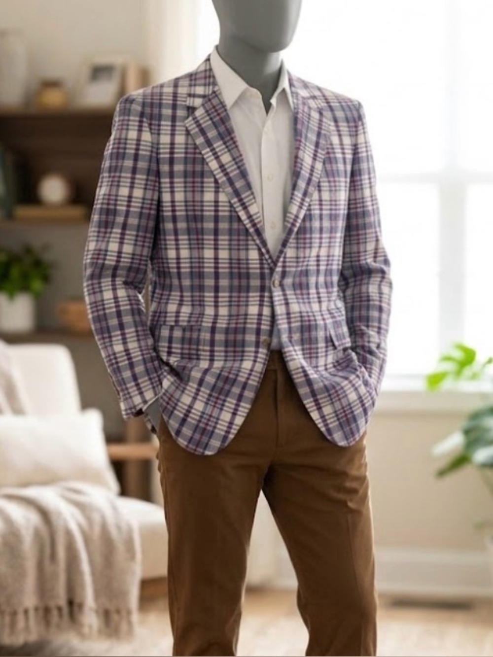 Marconi 100% cotton check pattern long sleeve 2 button coat men’s size 46L